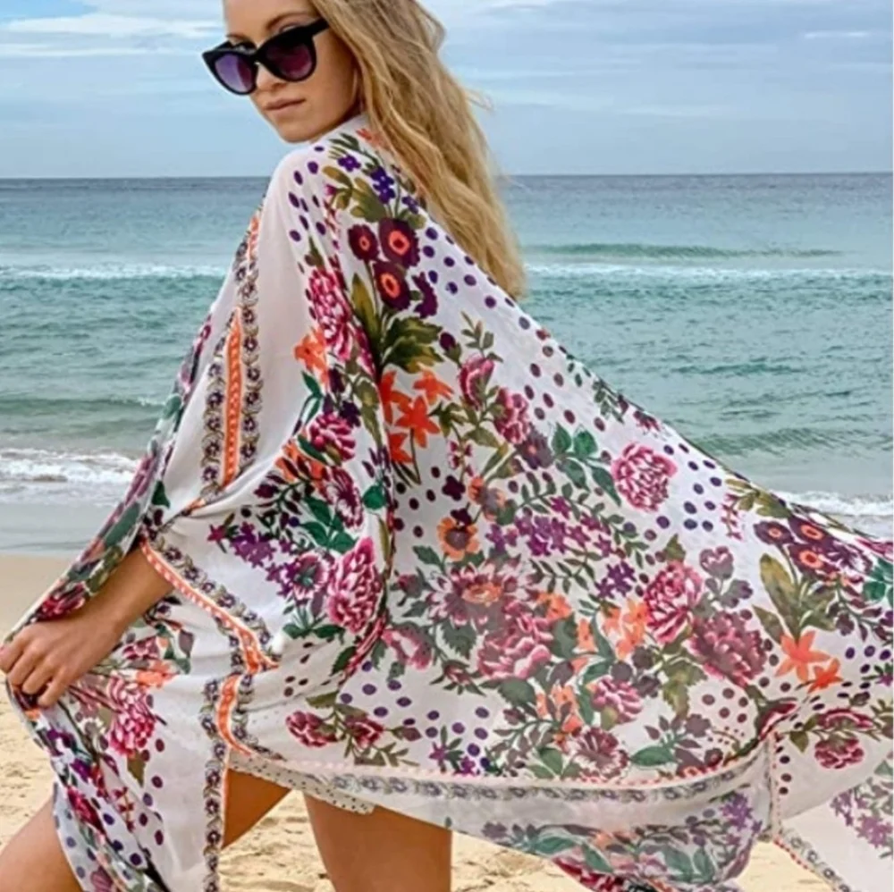 Cupshe White Floral Print Midi Side Slip Chiffon Cover Up Cardigan Kimono - Picture 4 of 7